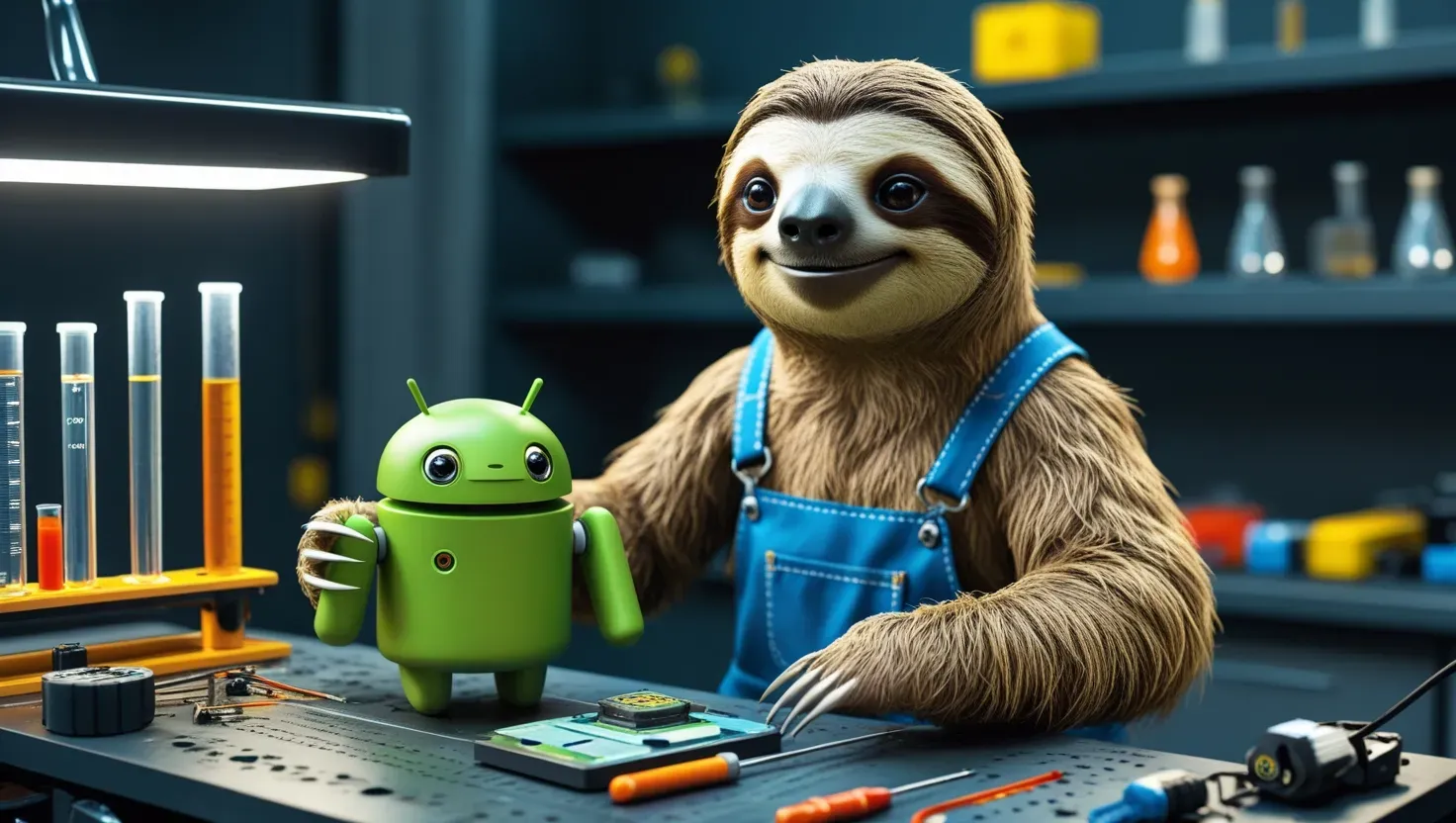 Sloth And Bot On Workbbench