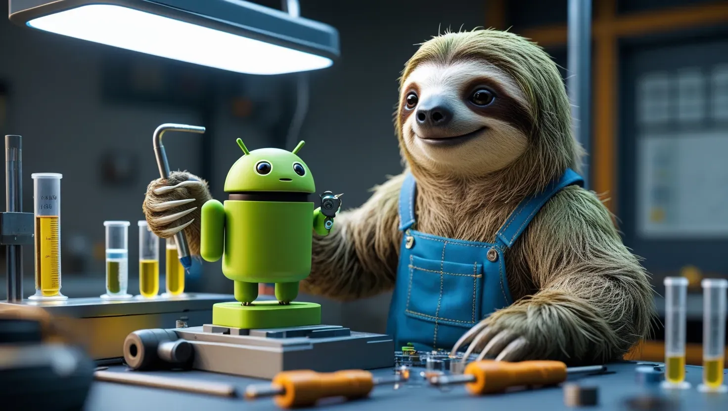 Sloth And Bot On Workbench