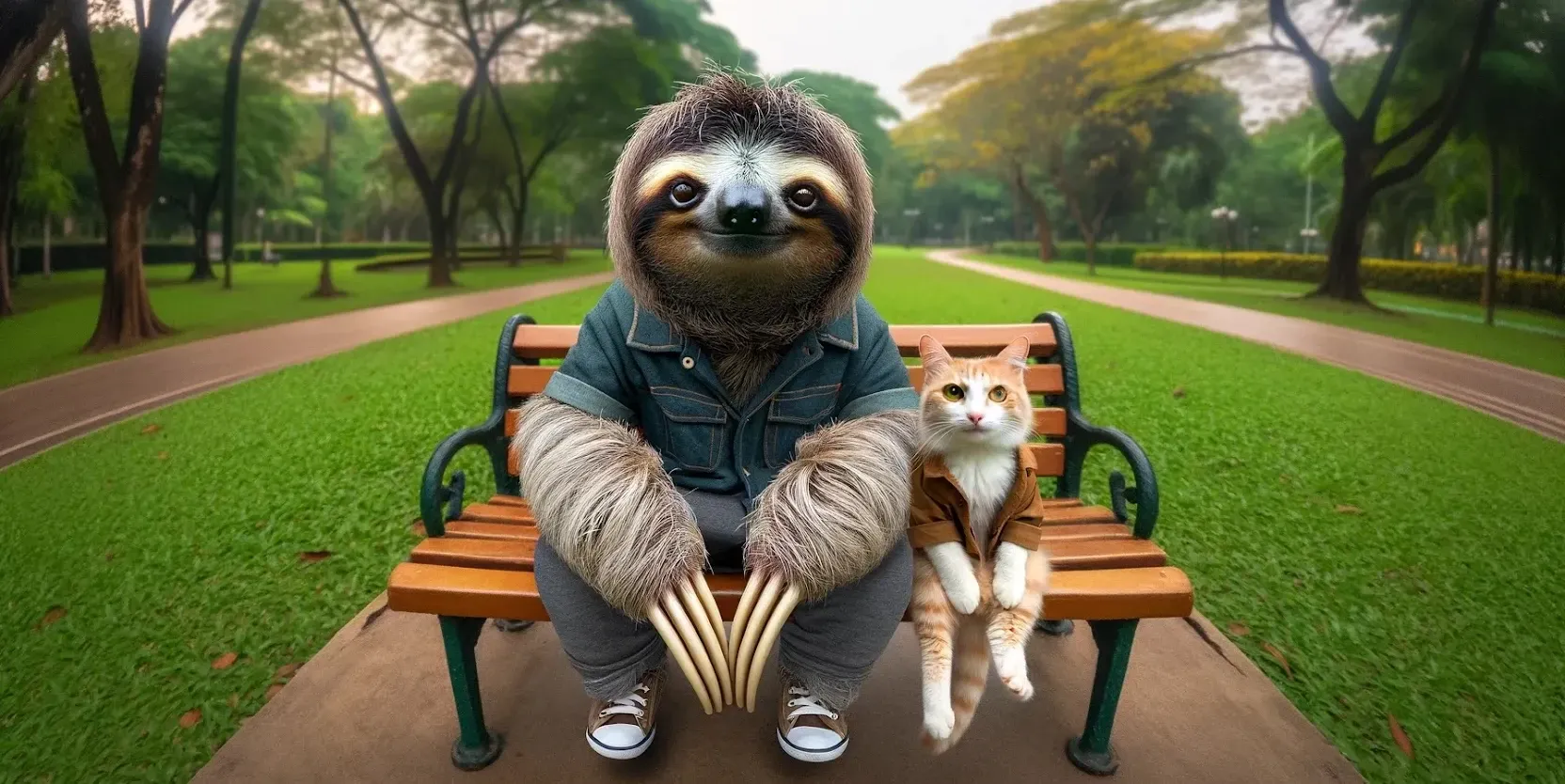 Sloth And Cat On Bench