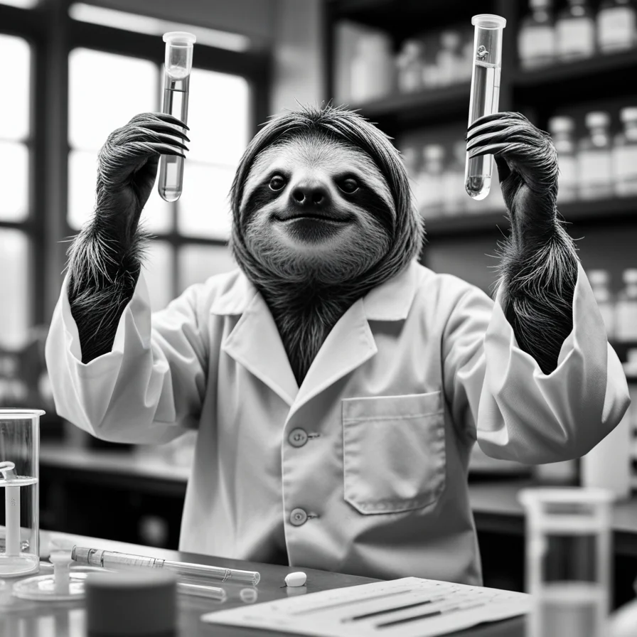 Sloth In Lab Coat Holding Test Tubes