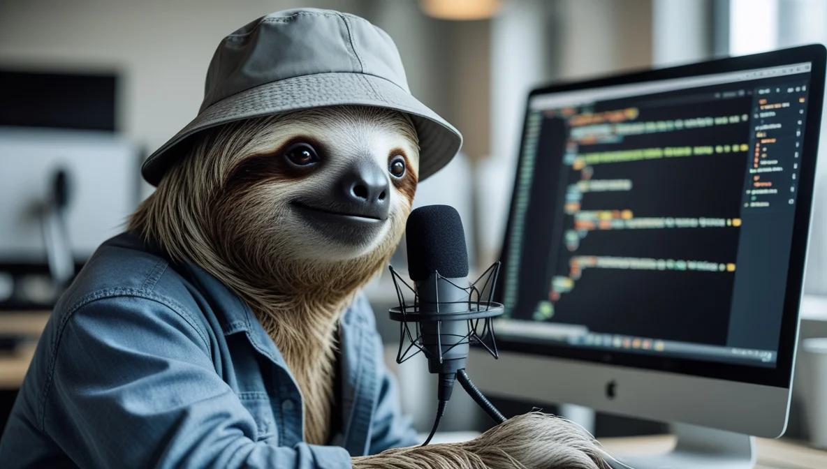 Sloth Podcasting At Computer