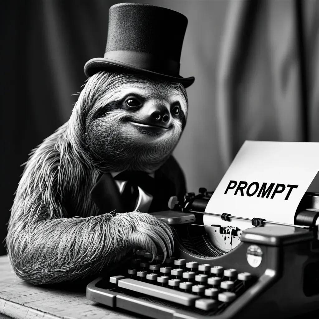 Sloth Typing Prompt On Typewriter In Top Hat