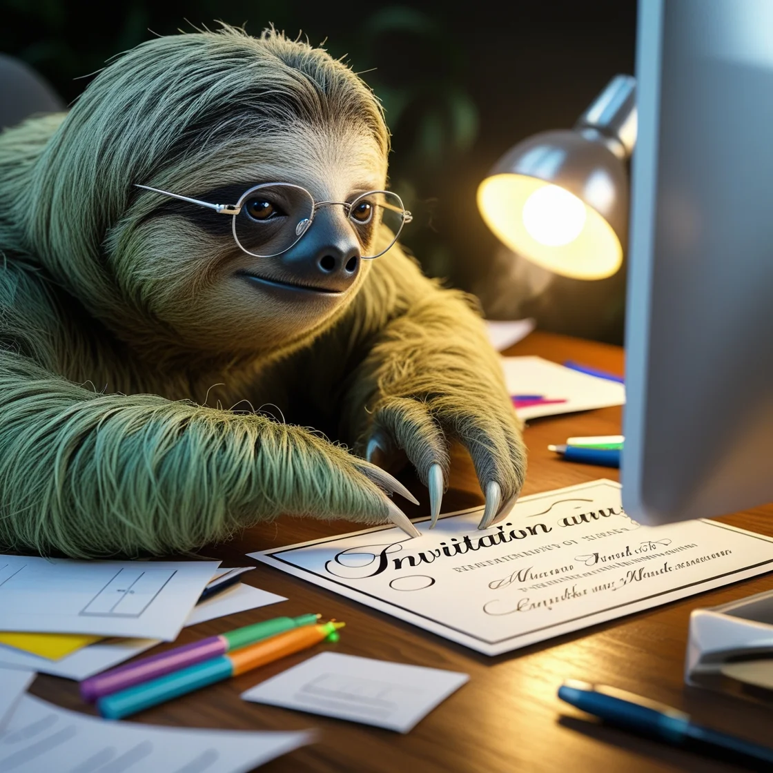 Sloth Wearing Glasses Writing Invitation