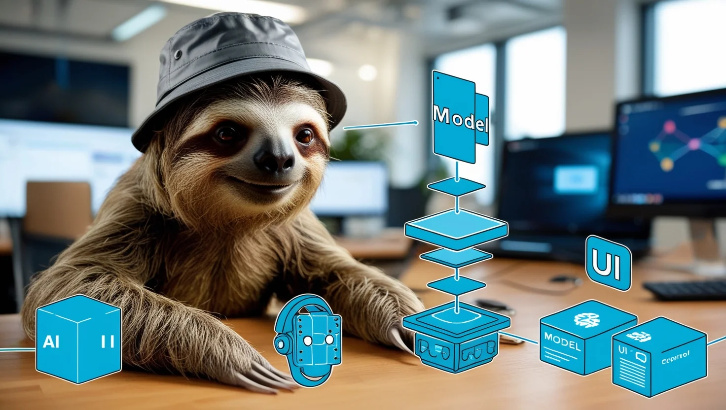 Sloth Wearing Hat Working On Ai Concepts