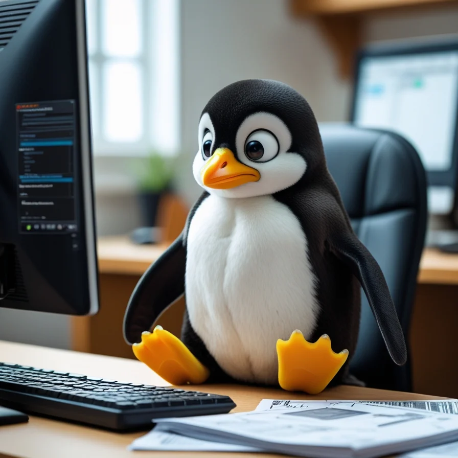 Stuffed Penguin At Computer