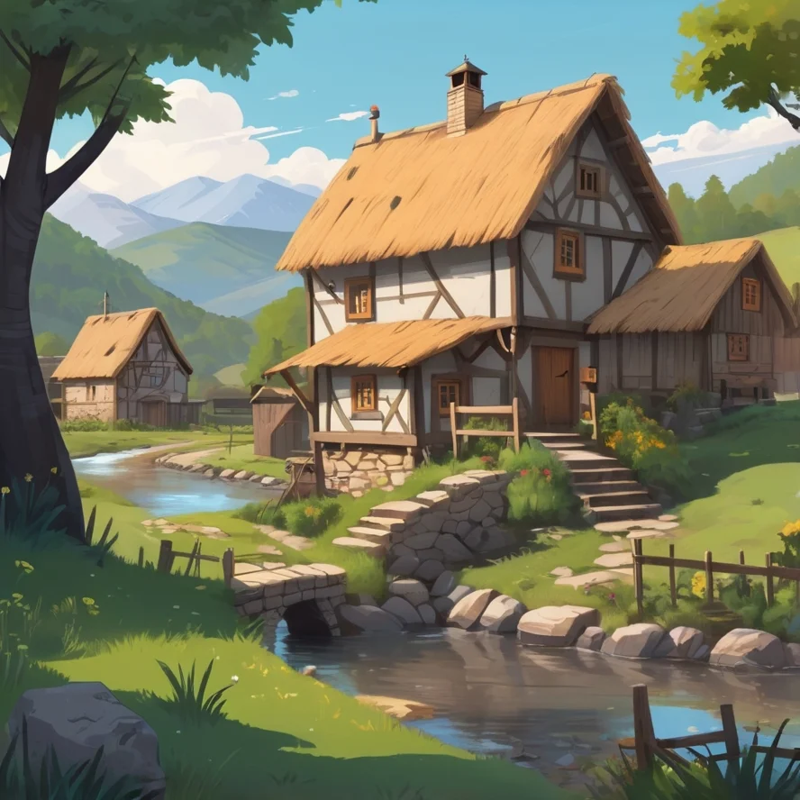 Thatched Cottage Stream Countryside